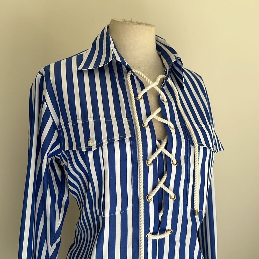 Lauren Ralph Lauren Lace Up NAUTICAL Rope Strip Blue Blouse sz Small P - Picture 5 of 7